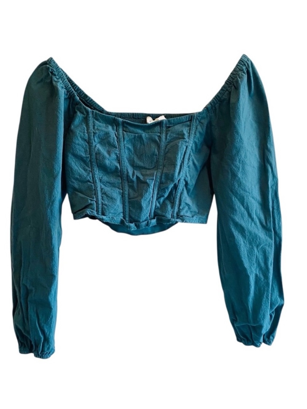 Kirious Long Sleeve 100% Textured Washed Cotton Crop Top - Teal Corset